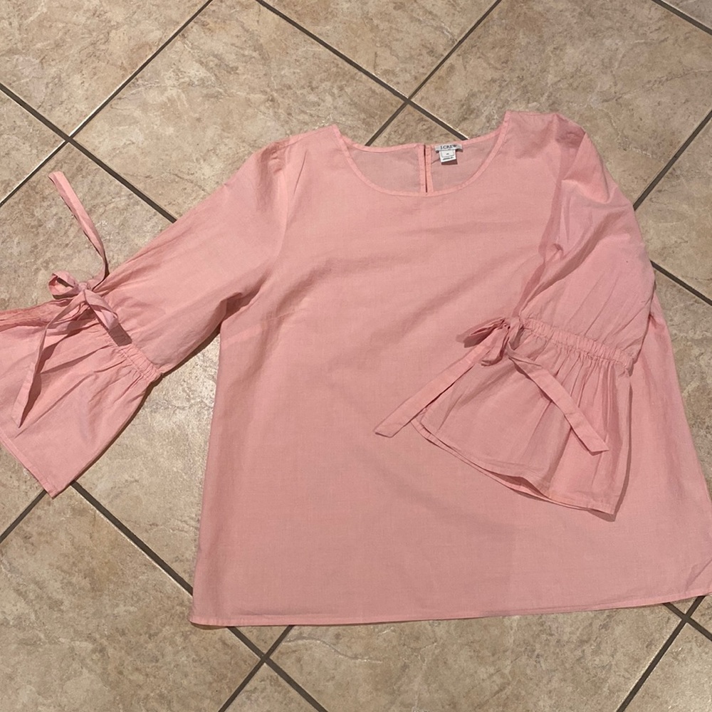 J. Crew cotton poplin top in pink with 3/4 bell sleeves with ties. Size XL